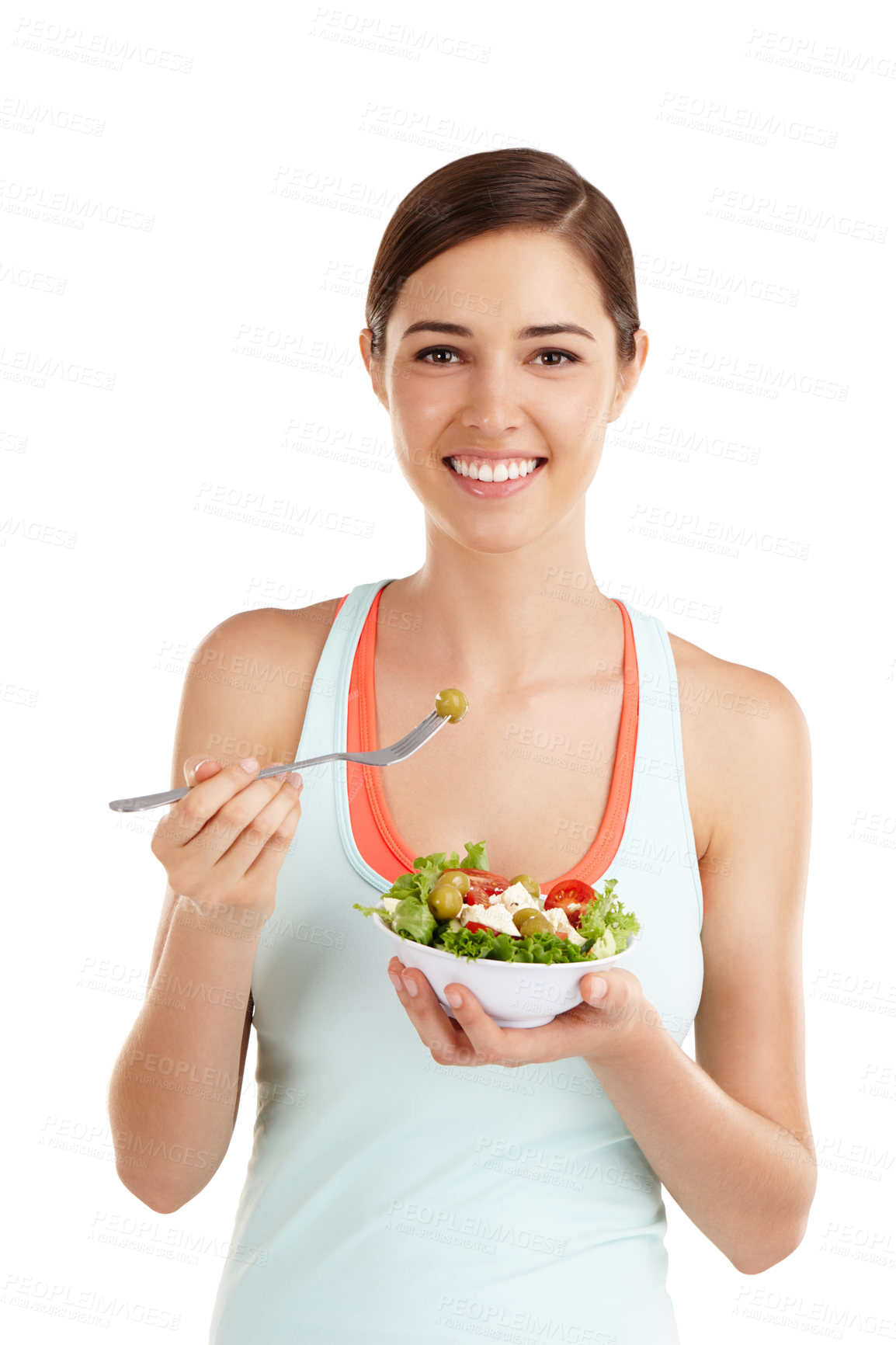 Buy stock photo Woman against white background ready to eat salad