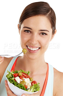 Buy stock photo Woman against white background ready to eat salad
