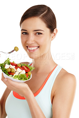 Buy stock photo Woman against white background ready to eat salad