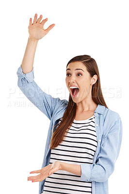 Buy stock photo Woman, hands and excited by scale in studio, wow and surprise for measurement on white background. Female person, happy and confident with review or feedback on product, gesture and proud checking