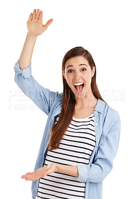 Buy stock photo Studio shot of a beautiful young woman indicating a large size with her hands against a white background 