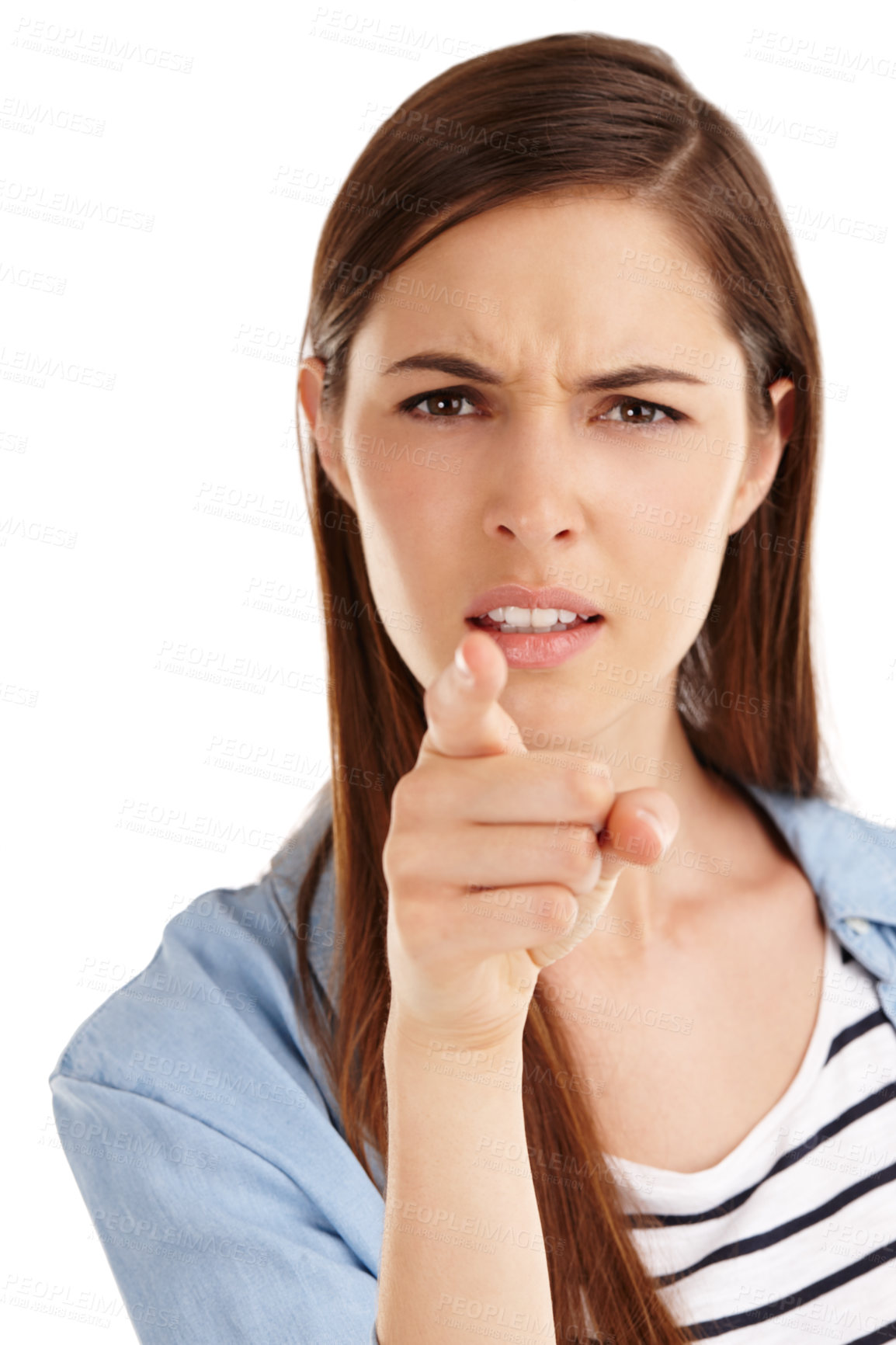 Buy stock photo Studio shot of a beautiful young woman pointing her finger in anger against a white background 