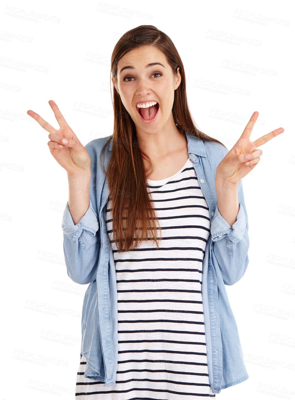 Buy stock photo Studio shot of a beautiful young woman giving you the peace sign against a white background 