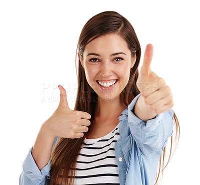 Buy stock photo Studio shot of a beautiful young woman giving you thumbs up  against a white background 