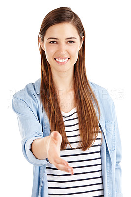 Buy stock photo Studio shot of a beautiful young woman extending her arm for a handshake against a white background 