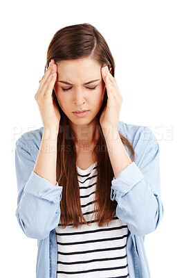 Buy stock photo Woman, headache and stress pain in studio, mental health and massage temple on white background. Female person, anxiety and frustrated with issue or burnout, depression and migraine emergency or fail