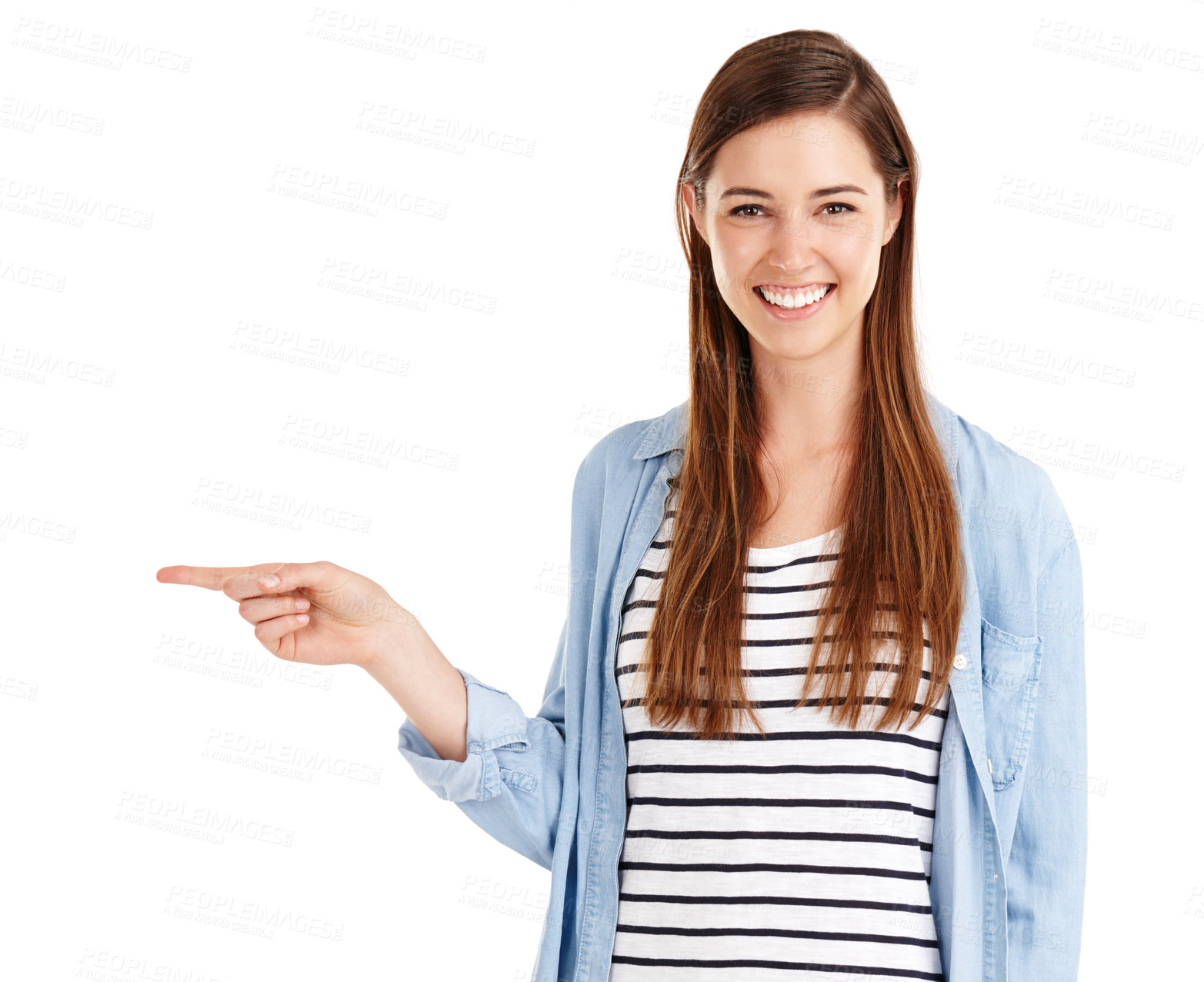 Buy stock photo Studio shot of a beautiful young woman pointing towards copyspace against a white background 