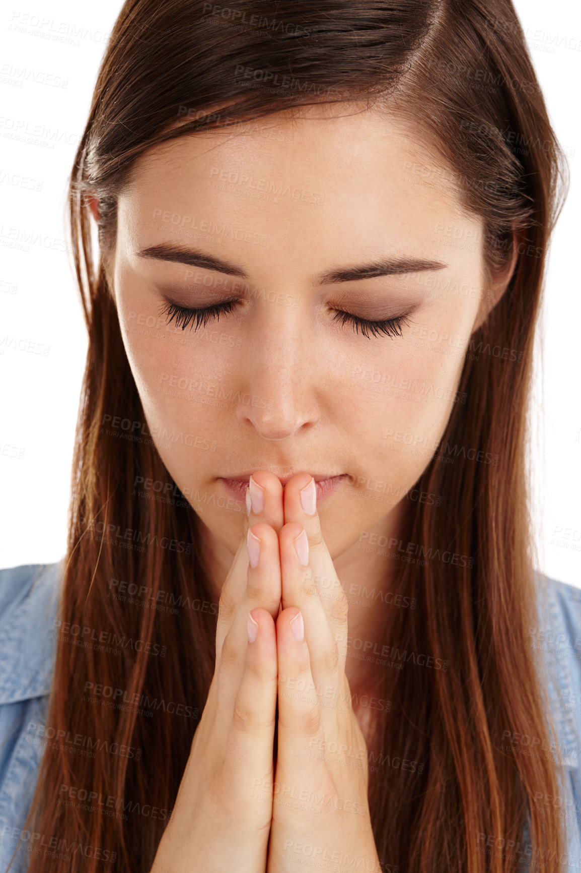 Buy stock photo Woman, closeup and prayer hands in studio for faith, spiritual meditation and white background. Female person, seeking forgiveness and healing of soul in worship, believe God and holy spirit hope