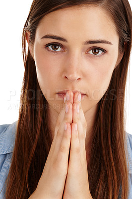 Buy stock photo Woman, portrait and praying christian in studio for faith, spiritual meditation and white background. Female person, seeking forgiveness and healing of soul in worship, closeup and holy spirit hope