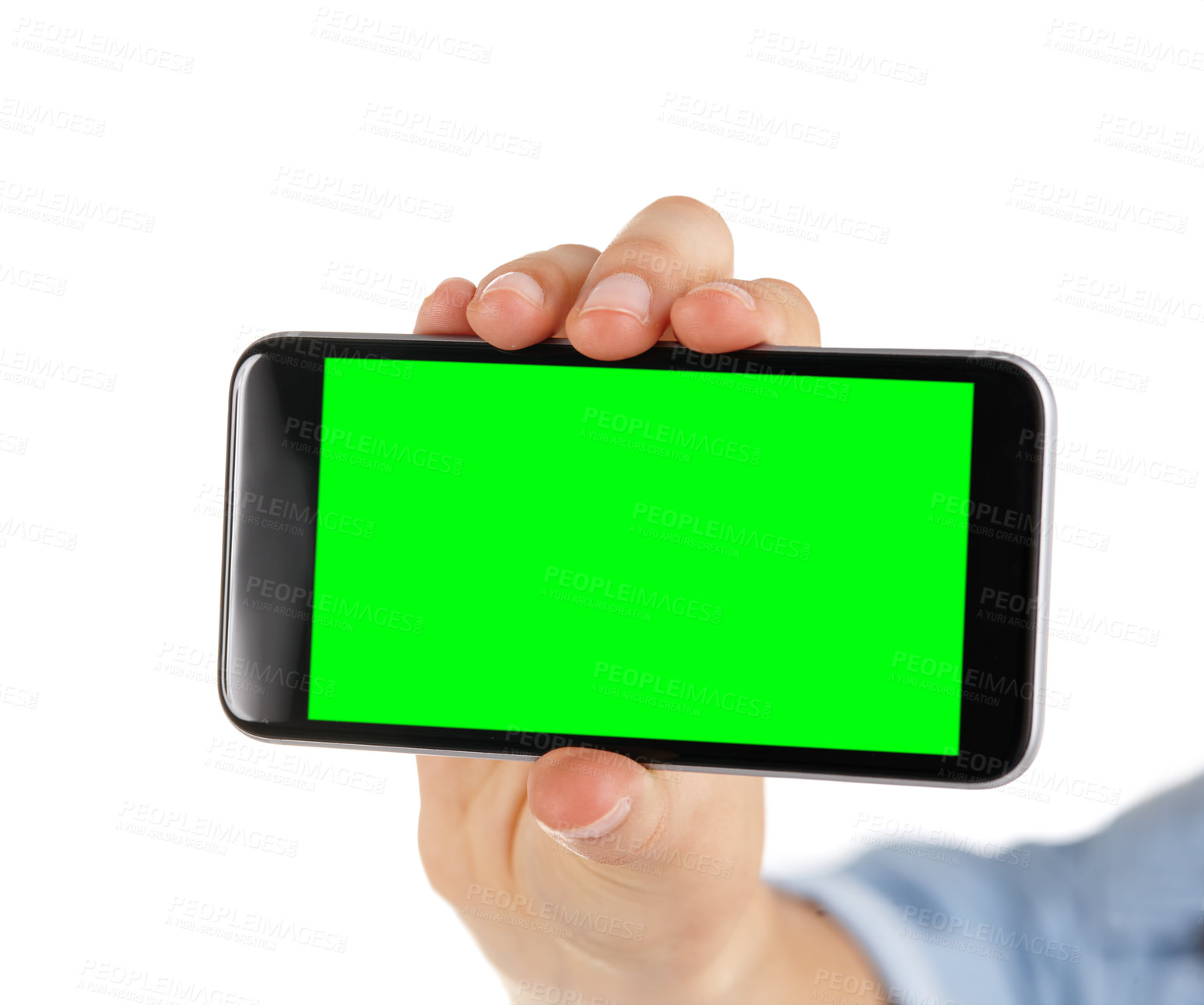 Buy stock photo Person, hands and green screen with phone for marketing, advertising or mockup space on a white studio background. Closeup, user or model with mobile smartphone or technology display for new app