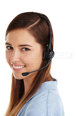 Buy stock photo Studio shot of a beautiful young customer service agent wearing a headset against a white background 