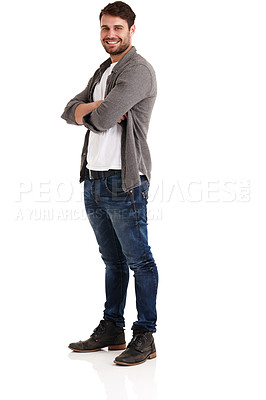 Buy stock photo Portrait of a young man standing with his arms crossed isolated on white