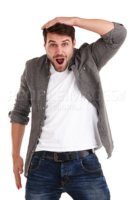 Buy stock photo Surprise, man and portrait with fashion for wow, deal or notification on a white studio background. Happy, male person or shocked model with OMG, expression or amazed for news, alert or disbelief