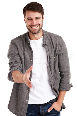 Buy stock photo Studio portrait of a smiling young man offering you his hand to shake