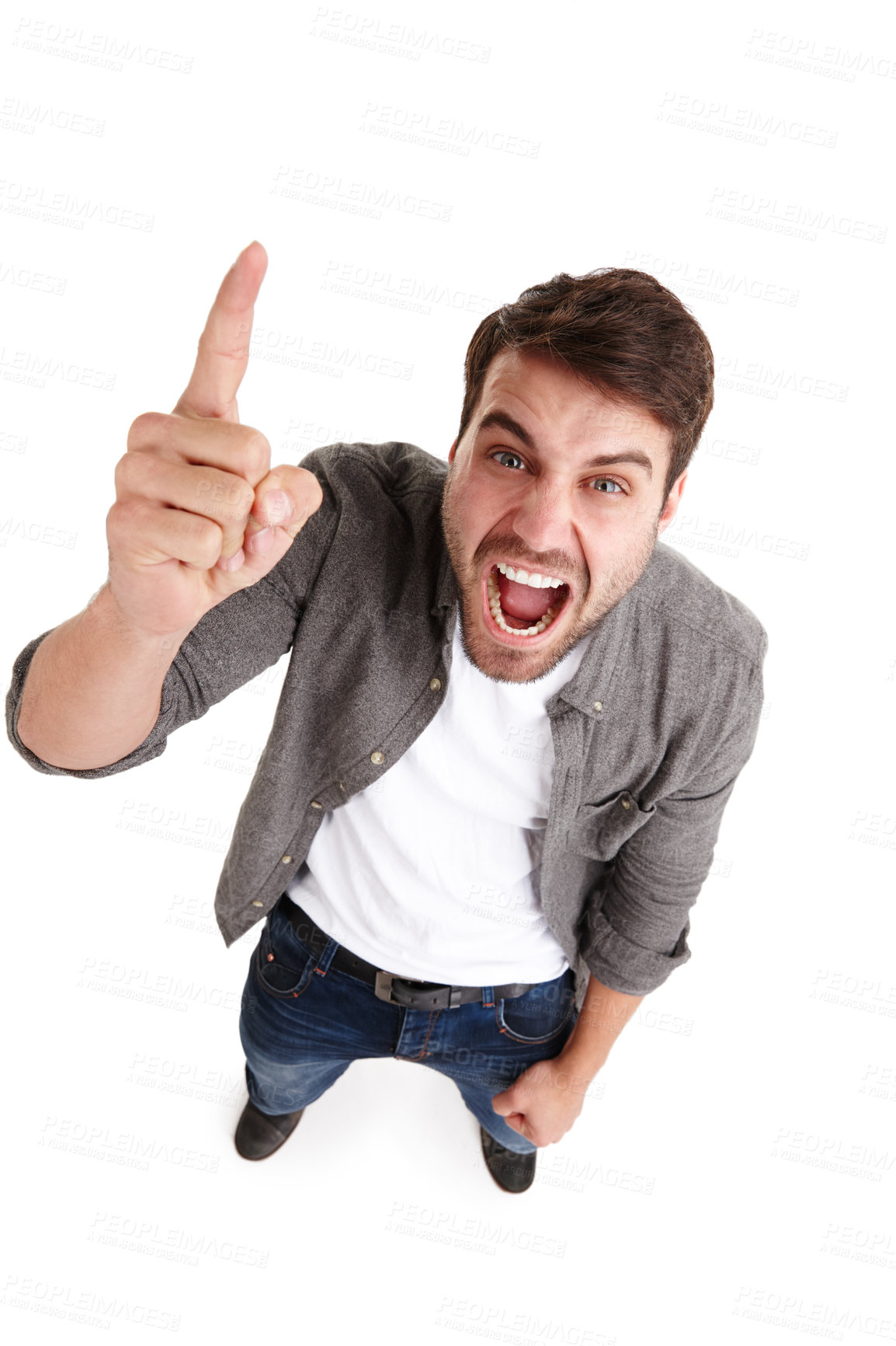 Buy stock photo Person, shout and mad finger for fight, protest or rules in above studio perspective. Warning portrait, white background and frustrated hands for loud voice, opinion and conflict abuse in toxic anger