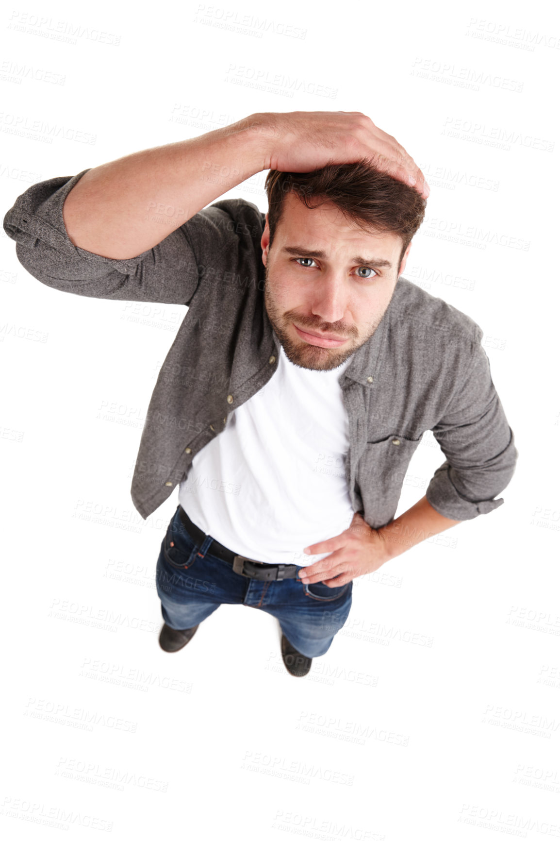 Buy stock photo Clueless man, portrait and confused with question for doubt, uncertainty or choice above on a white studio background. Top view, male person or puzzled model with hand on head for confusion on space