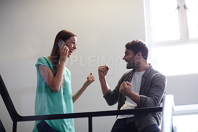 Buy stock photo Shot of an ecstatic woman on her phone and an excited friend