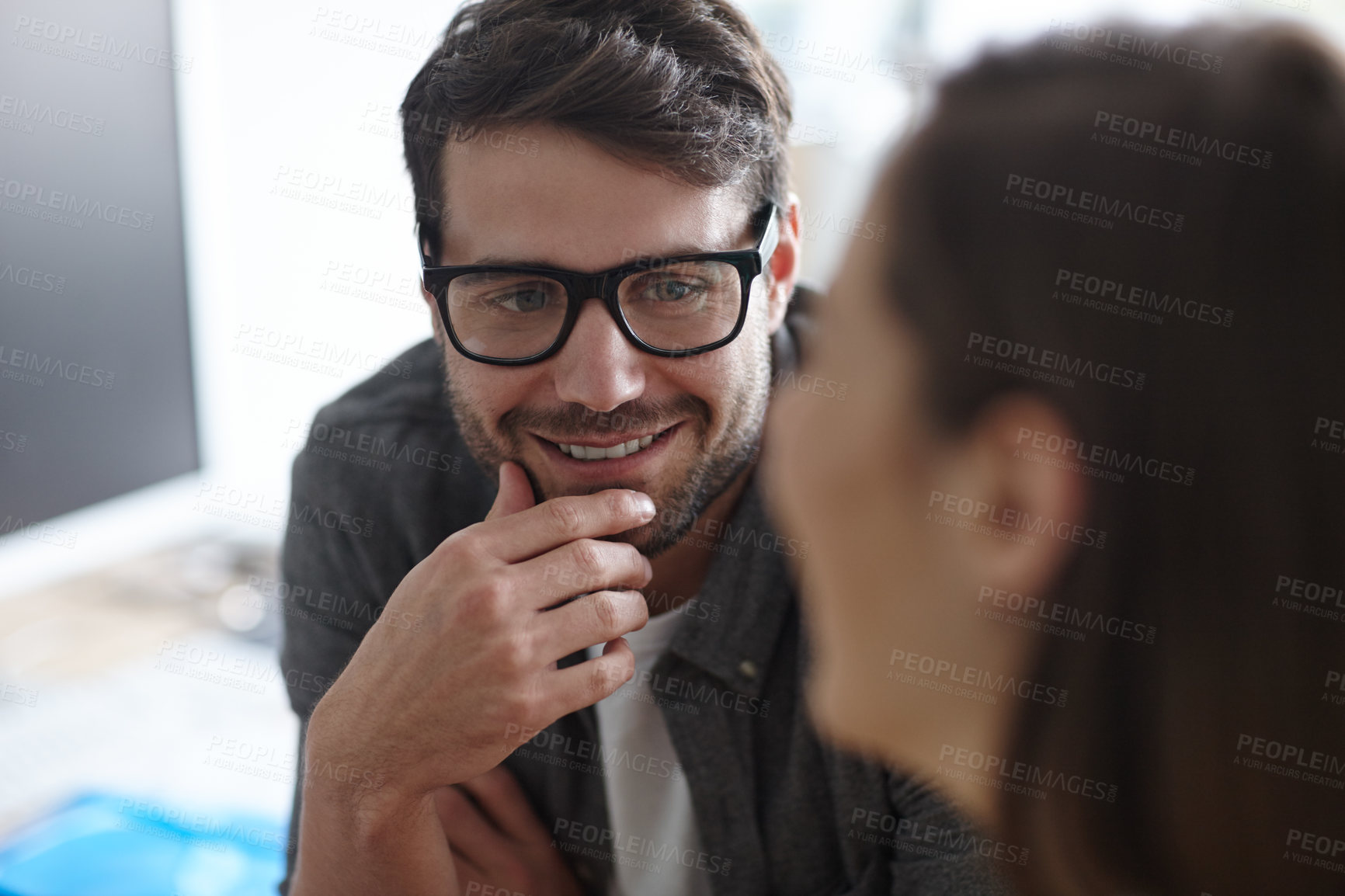 Buy stock photo Man, thinking and smile in office for teamwork, collaboration creativity or brainstorming design. Designer, glasses or happy in meeting for project development, idea or discussion in creative startup