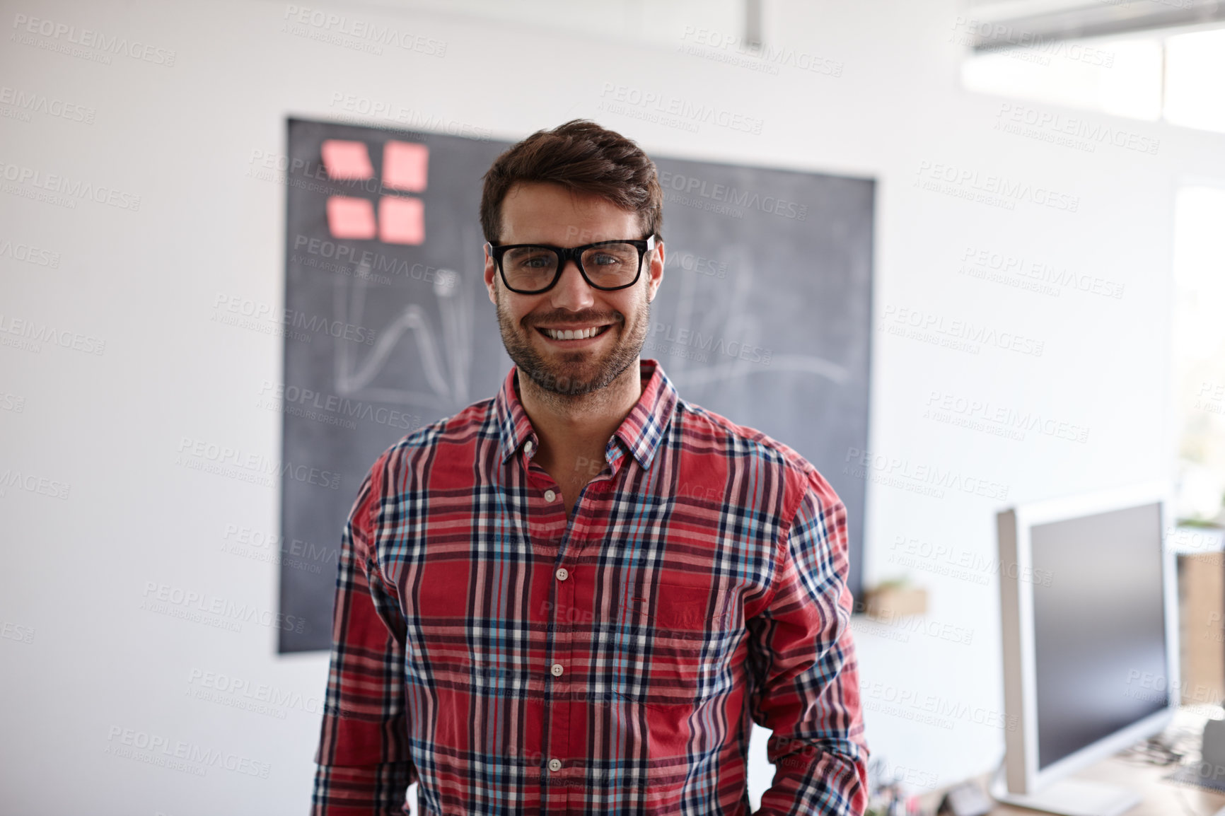Buy stock photo Happy, creative and man with glasses, office and ambitious for career path, portrait or brand specialist. Business, employee and person with confidence for project, skills or  public relations in USA