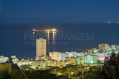 Buy stock photo City, skyline and night with sea, landscape and ocean for holiday location or outdoor journey. Miami, sunshine and infrastructure for road trip, travel or urban cityscape for scenic view for tourism