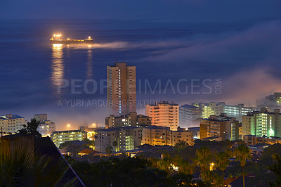 Buy stock photo Cityscape, buildings and view of city at night with lights, skyscrapers and urban landscape for holiday or vacation in New York. Location, travel and dark with outdoor in evening downtown for journey