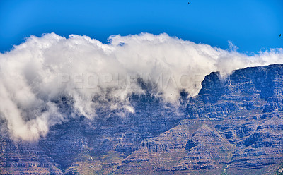 Buy stock photo Nature, mountain and blue sky with clouds for landscape, beauty and summer for adventure in Greece vacation. Journey, outdoor and explore cliff for view, road trip and environment peace with skyline