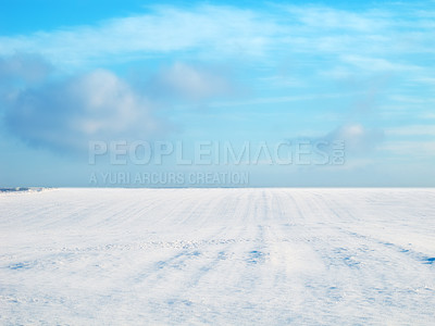 Buy stock photo Snow, countryside and winter in landscape with blue sky, background and sunshine in nature. Earth, cold and travel for holiday, trip and vacation in Switzerland for adventure or hike in park