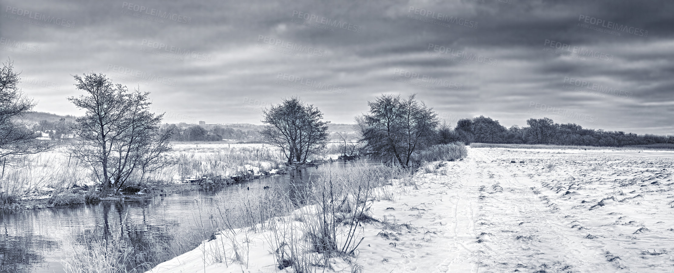 Buy stock photo Gloomy monochrome winter landscape, snow covered fields with grey cloudy sky. Empty black and white frosted farmland and frozen river with pine trees. Snowfall in Scandinavia on greyscale background