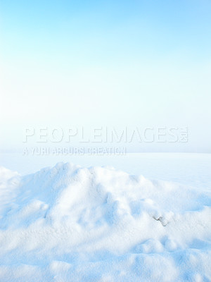 Buy stock photo Snow, frozen and landscape for scenic, winter or wallpaper for Denmark nature background. Environment, blue sky and rural chill for christmas holiday, tranquil frost or peaceful ice pile for serenity