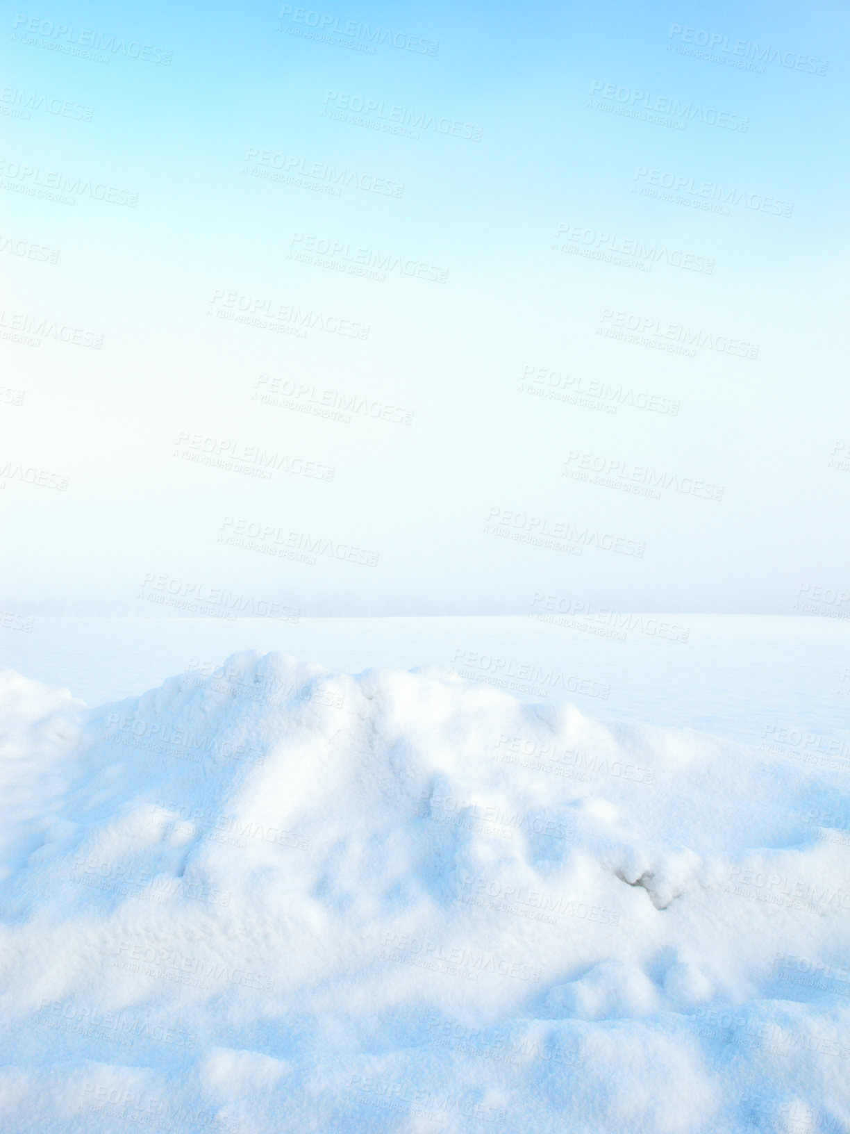 Buy stock photo Snow, frozen and landscape for scenic, winter or wallpaper for Denmark nature background. Environment, blue sky and rural chill for christmas holiday, tranquil frost or peaceful ice pile for serenity