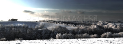 Buy stock photo Landscape, fog and snow on field for winter season, nature wallpaper background and Christmas holiday. Countryside, forest and banner environment with clouds in sky for peace and vacation in Germany