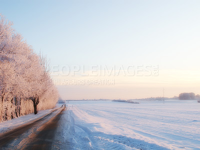 Buy stock photo Wallpaper, trees and road with snow at forest in winter, cold weather and Christmas season in Germany. Countryside, freezing and nature with climate change in woods with ice for travel and holiday