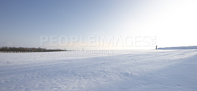 Buy stock photo Landscape, snow and winter in countryside with environment, blue sky and sunshine in nature. Park, cold and travel for holiday, trip and vacation in Switzerland for adventure with mock up space