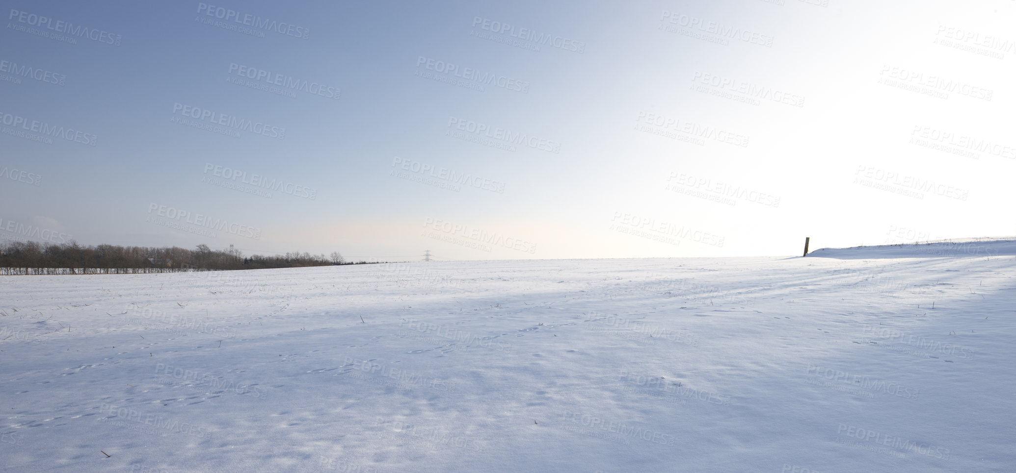 Buy stock photo Landscape, snow and winter in countryside with environment, blue sky and sunshine in nature. Park, cold and travel for holiday, trip and vacation in Switzerland for adventure with mock up space