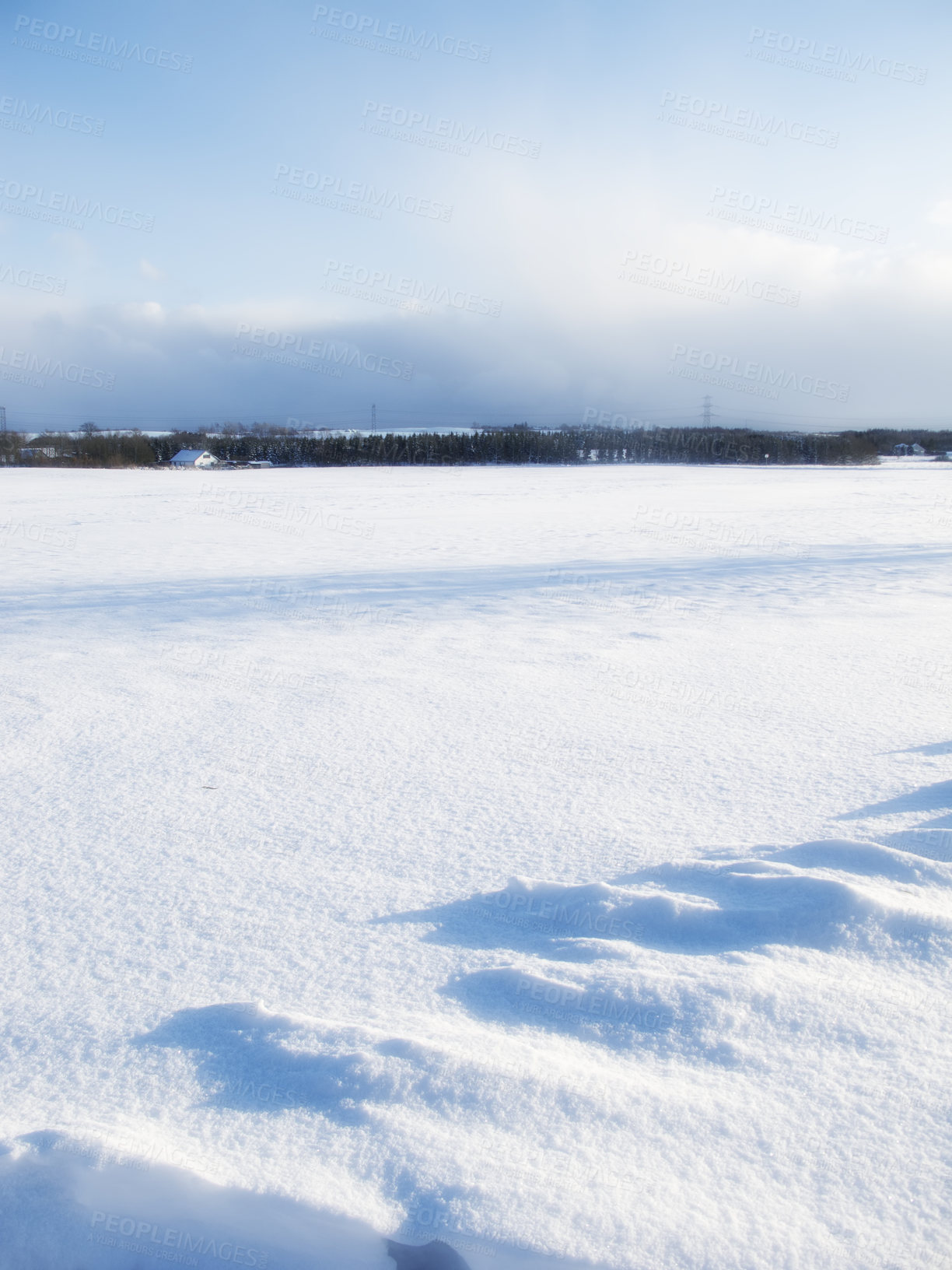 Buy stock photo Snow, countryside and winter in landscape with clouds, sky, and sunshine in nature for mockup space. Empty, cold and travel for holiday, trip and vacation in Canada for adventure in environment