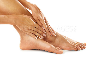 Buy stock photo Pedicure, beauty and hands with feet for salon, wellness and foot care on white background. Foot, cosmetics and nail polish on toes and French tips for pamper, spa and beauty treatment in studio