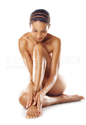 Buy stock photo Legs, beauty skincare and naked woman in studio for aesthetic, hair removal or cosmetics promotion on mockup. Nude body, manicure and pedicure of model skin care, dermatology and luxury spa results