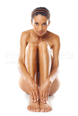 Buy stock photo Woman, naked body and skin with beauty portrait, skincare and wellness with self care, manicure and pedicure. Nude, body care and natural cosmetics, epilation and hands with feet on white background
