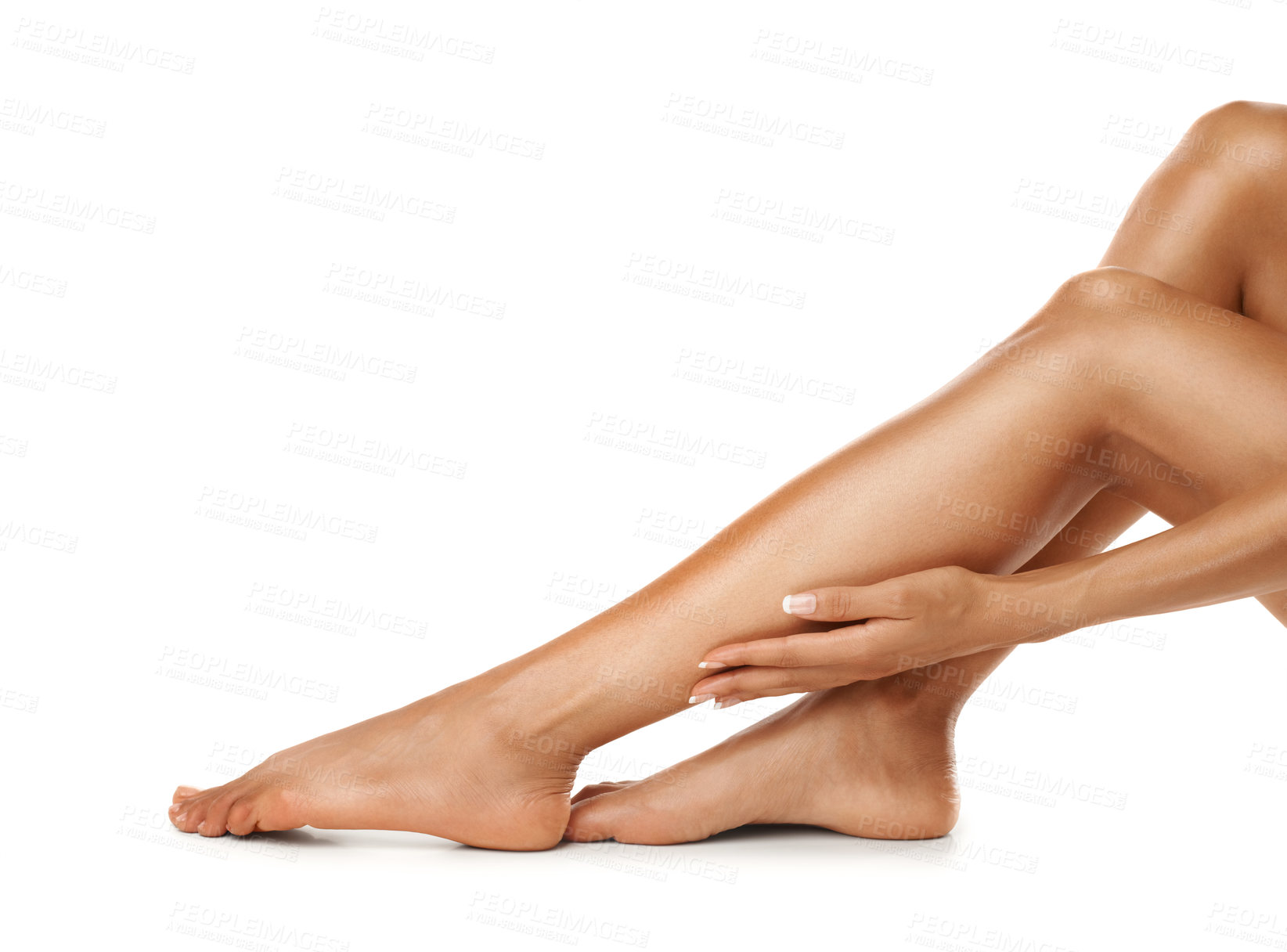Buy stock photo Beauty, hand and legs with woman in studio for wellness, grooming and self care on white background. Skincare, leg and girl touching soft, smooth and luxury skin after hygiene treatment with mockup 