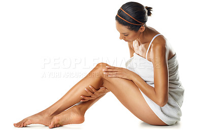Buy stock photo Studio, legs and body of woman on floor with skincare, spa beauty and self care marketing mockup. Dermatology, aesthetic and luxury skin care model with hair removal results on advertising mock up