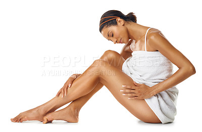 Buy stock photo Body, legs and beauty woman in studio for skincare, spa treatment or cosmetics marketing mockup. Dermatology, aesthetic and luxury skin care model with hair removal results on advertising mock up