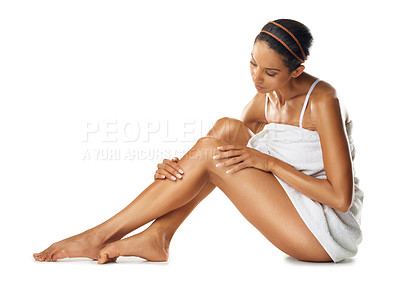 Buy stock photo Body, legs and skincare woman on studio floor for spa beauty, cellulite treatment or cosmetics marketing mockup. Dermatology, aesthetic and woman model with hair removal results for advertising