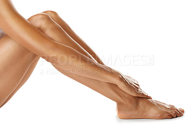 Buy stock photo Woman, legs and skincare in studio for cleaning, hygiene and self love on white background. Beauty, leg and girl relax after luxury, pamper and cosmetic treatment for soft, smooth and glowing skin