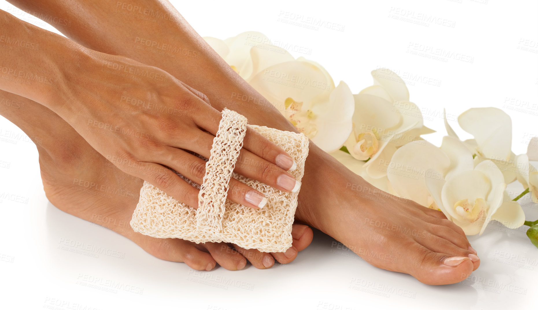 Buy stock photo Feet, beauty spa and pedicure with a foot scrub for a woman in studio with flowers for luxury skincare. Toes and hands of wellness model for self care, cleaning and dermatology cosmetics in studio