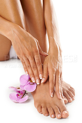 Buy stock photo Hands, feet and woman with flower and beauty, manicure and pedicure spa treatment zoom with nails and healthy skin. Natural cosmetics with organic skincare, nature and cosmetic care with wellness
