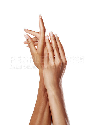 Buy stock photo Woman hands, manicure and spa beauty, skincare dermatology wellness or cosmetics skin care in white background. Hand model, luxury skincare cosmetics and palm body care or salon self care in studio 