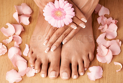Buy stock photo Relax, hands and feet of black woman with flower petals for luxury cosmetic treatment with manicure and pedicure nails. Healthy skincare of girl with daisy for beauty spa and wellness zoom.

