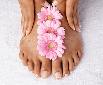 Buy stock photo Flowers, beauty and woman hands with feet,  manicure and pedicure spa treatment zoom with nails and healthy skin. Natural cosmetics with organic skincare, nature and cosmetic care with wellness