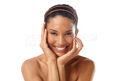 Buy stock photo Beauty, skincare and face portrait of woman in studio on a white background mockup. Makeup, natural cosmetics and happy female model satisfied with spa facial treatment for wellness and healthy skin.