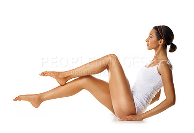Buy stock photo Studio, legs and body of woman on floor for fitness with health, wellness and pilates workout mockup. Training, cardio and exercise model with balance for muscle goals or results on marketing mock up